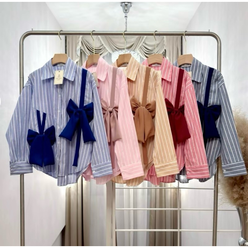เสื้อเชิ้ตแขนยาว (โบว์คู่หน้า) ลายริ้ว ผ้า Cotton oxfords