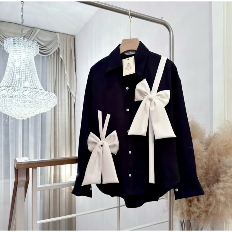 (อก 50“) เสื้อเชิ้ตแขนยาว (สีพื้น) โบว์คู่หน้า (ผ้า Crepe รูปที่ 7