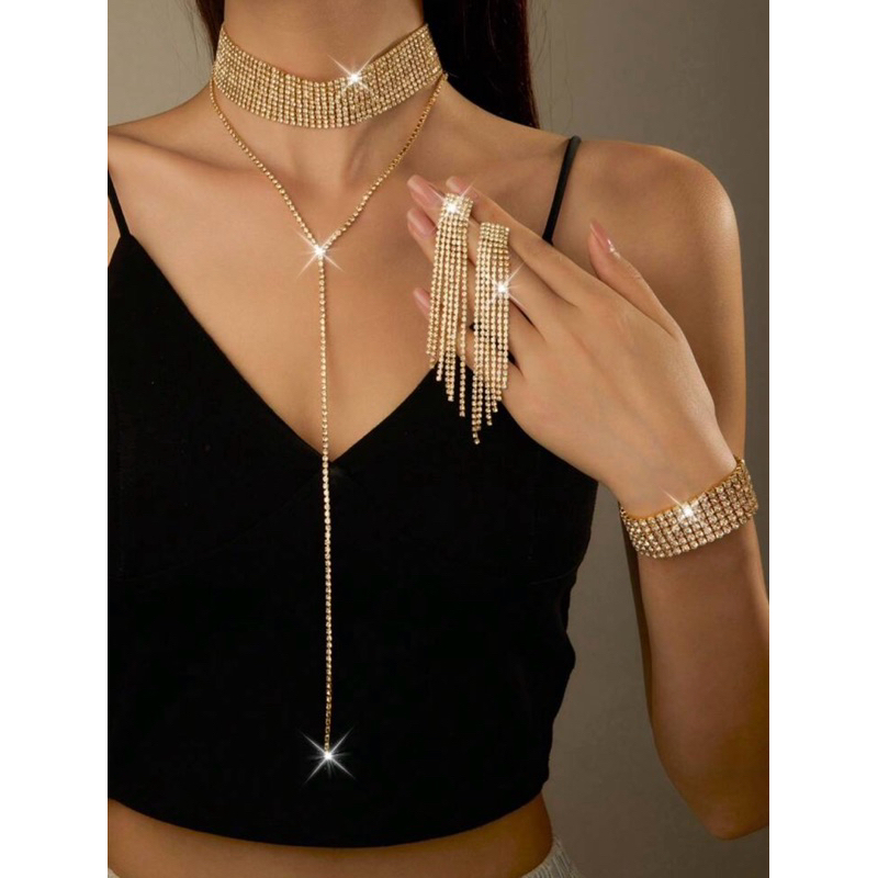 ชุดเครื่องประดับสร้อยคอ สร้อยข้อมือ ต่างหูเพชรวิบวับ หรูหราไฮโซ พร้อมส่ง