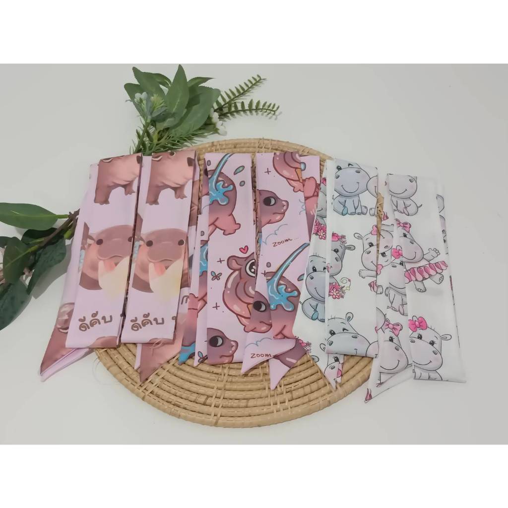 โบว์ผูกผม ลายฮิปโป หมูเด้ง hair ribbon ผ้าผูกผม พร้อมส่ง
