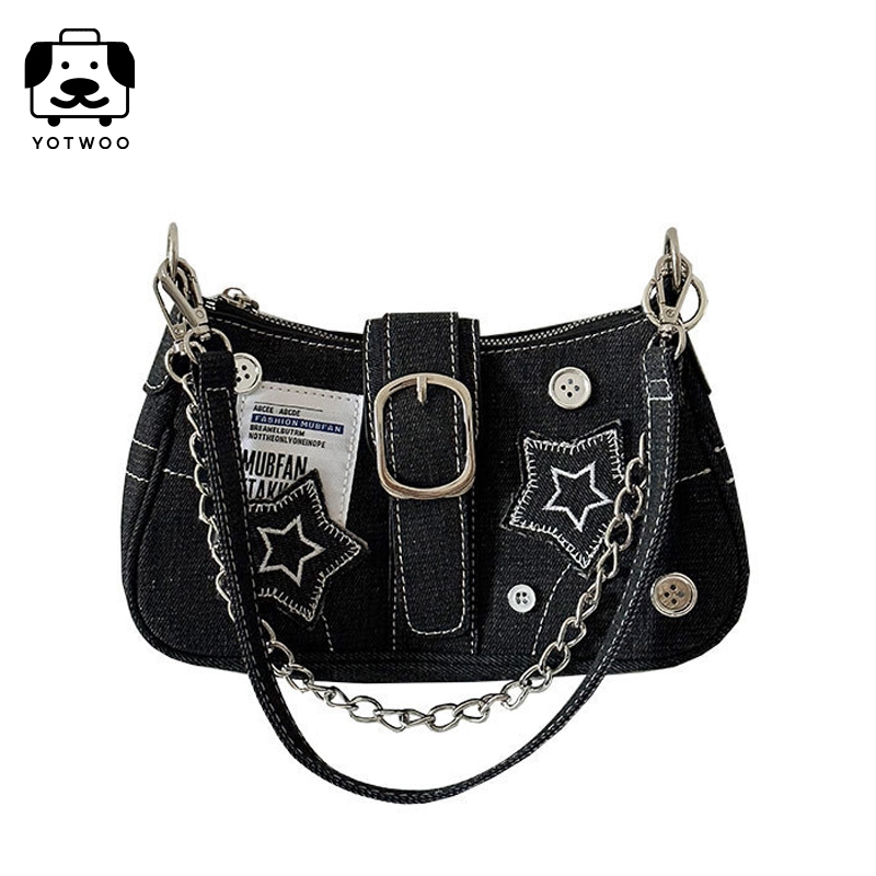 【🔥มาถึงภายใน 3 วัน】กระเป๋าถือกระเป๋าสะพายไหล่ ผ้ายีน ลายดาว ผ้าแคนวาส Y2K สายโซ่ ขนาดเล็กสําหรับสตรี