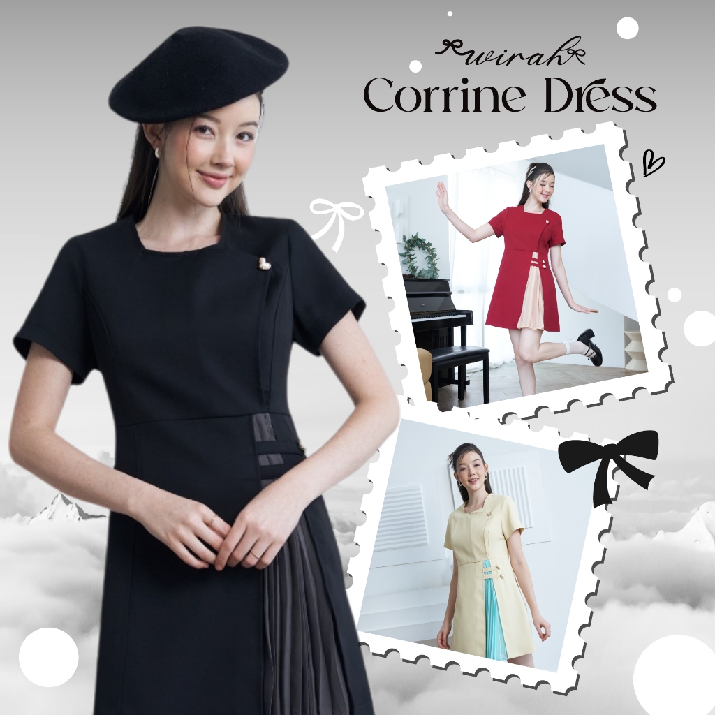 Corrine Dress : WD09 ชุดเดรสผ้าพื้น Poly twill คอเหลี่ยมดีไซน์ป้ายซ้อนด้านหน้าแต่งกระดุมหัวใจ