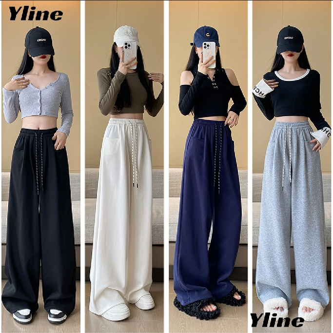 Yline 🔥กางเกงลำลองสตรี กางเกงสเวตขากว้าง กางเกงเอวสูง เอวยางยืดมีเชือกผูก ผ้าใส่สบาย