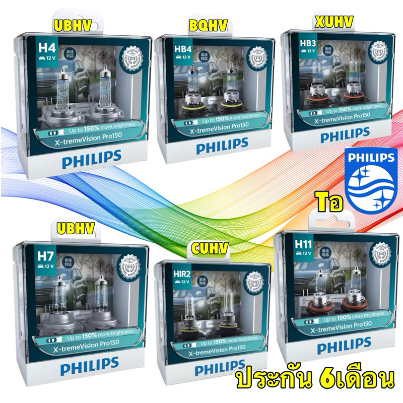 หลอดไฟหน้า แสงขาวอมเหลือง PHILIPS  รุ่น X-Treme Vision PRO150 +150% H1 H4 H7 H11 HB3 HB4 HIR2