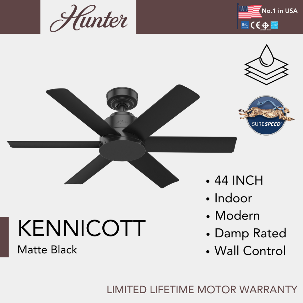 Hunter Fan พัดลมเพดาน รุ่น Kennicott - Matte Black 44" Indoor Damp Rated