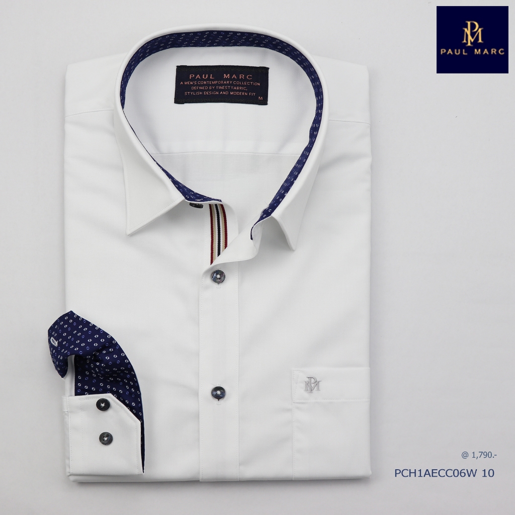 PAUL MARC เสื้อเชิ้ตทำงาน สีขาว แขนยาว signature twill slim fit ผ้านุ่ม รีดง่าย ใส่สบาย PCH1AECC06W