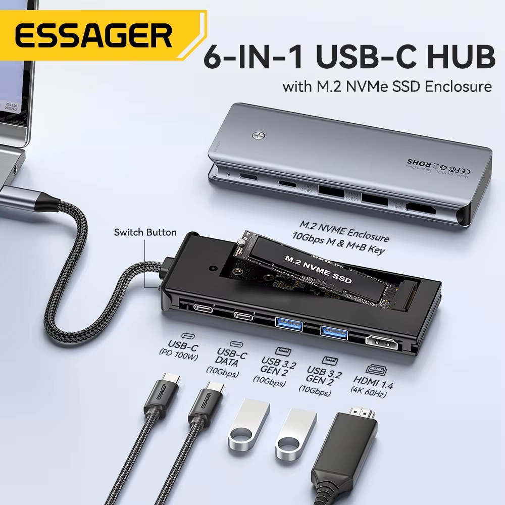 Essager 6/7-in-1 Docking Station ฮับตัวแปลง TYPE-C to USB HDMI SD/FT Card พร้อมช่องใส่ SSD ขยายพอร์ตคอมพิวเตอร์ ราคา ถูกที่สุด ดีลบีเคเค แกลเลอรีภาพที่ 2