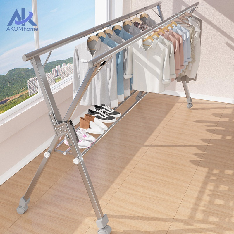AKOM ราวตากผ้า 240cm พร้อมที่วางรองเท้า+ล้อเลื่อน ราวตากผ้าพับได้ ราวตากผ้าสแตนเลส พับเก็บง่าย ยืดหดได้  เหล็กกันสนิม