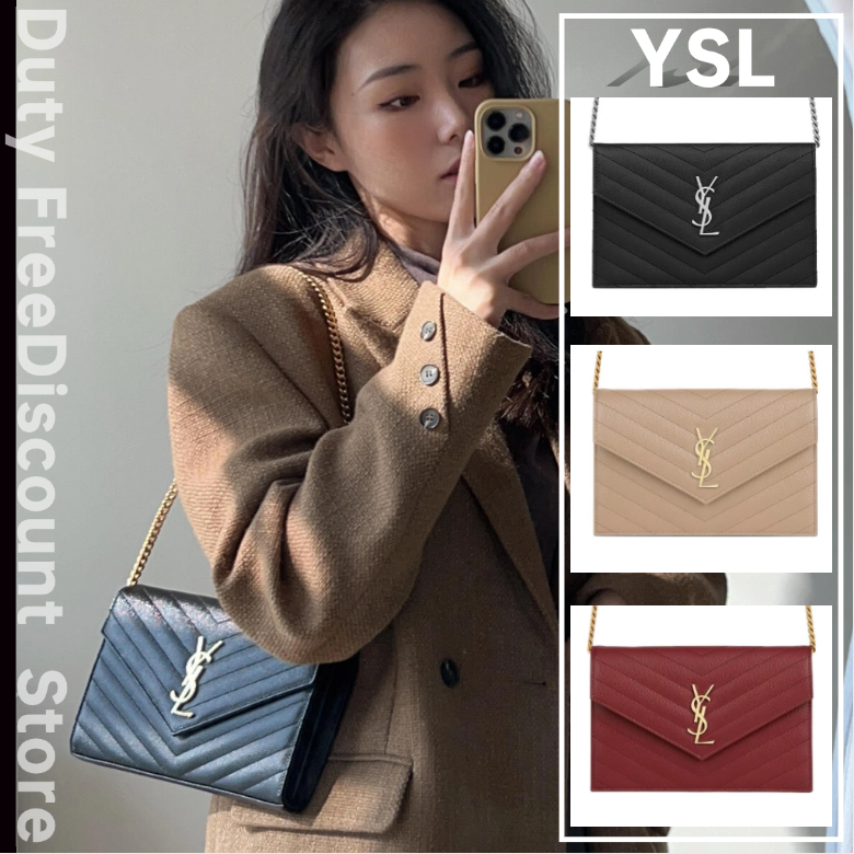 YSL/Saint Laurent/CASSANDRE ENVELOPE Series/อีฟ แซงต์โลรองต์/ กระเป๋าทรงซองจดหมาย/กระเป๋าโซ่/กระเป๋าสะพายไหล่/ขนาดเล็ก