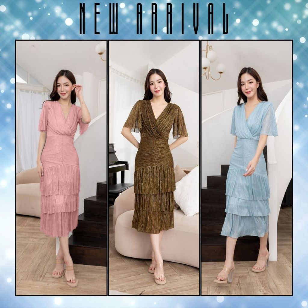 S-XL 3 สี เดรสออกงานผ้ากลิตเตอร์วิบวับ ชุดเดรสไปงานแต่ง ชุดเพื่อนเจ้าสาว เดรสยาวสวยๆ งานป้าย LUXE