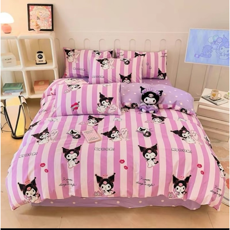ผ้าปูที่นอน ชุดผ้าปูที่นอน (ลายคุโรมิชมพู) ขนาด 3|5|6 ฟุตผ้า COTTON 100% งานเย็บดีผ้าไม่เป็นขุย ห่มสบาย เกรดพีเมี่ยม