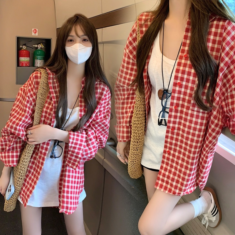 W512เสื้อเชิ้ต ลายสก๊อต สีแดง สไตล์ฮ่องกง ย้อน ยุค เหมาะกับฤดูใบไม้ผลิ และฤดูใบไม้ร่วง สำหรับผู้หญิง