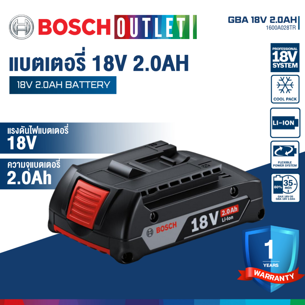 BOSCH GBA 18V 2.0 Ah แบตเตอรี่ 18V ความจุ 2.0Ah #1600A028TR