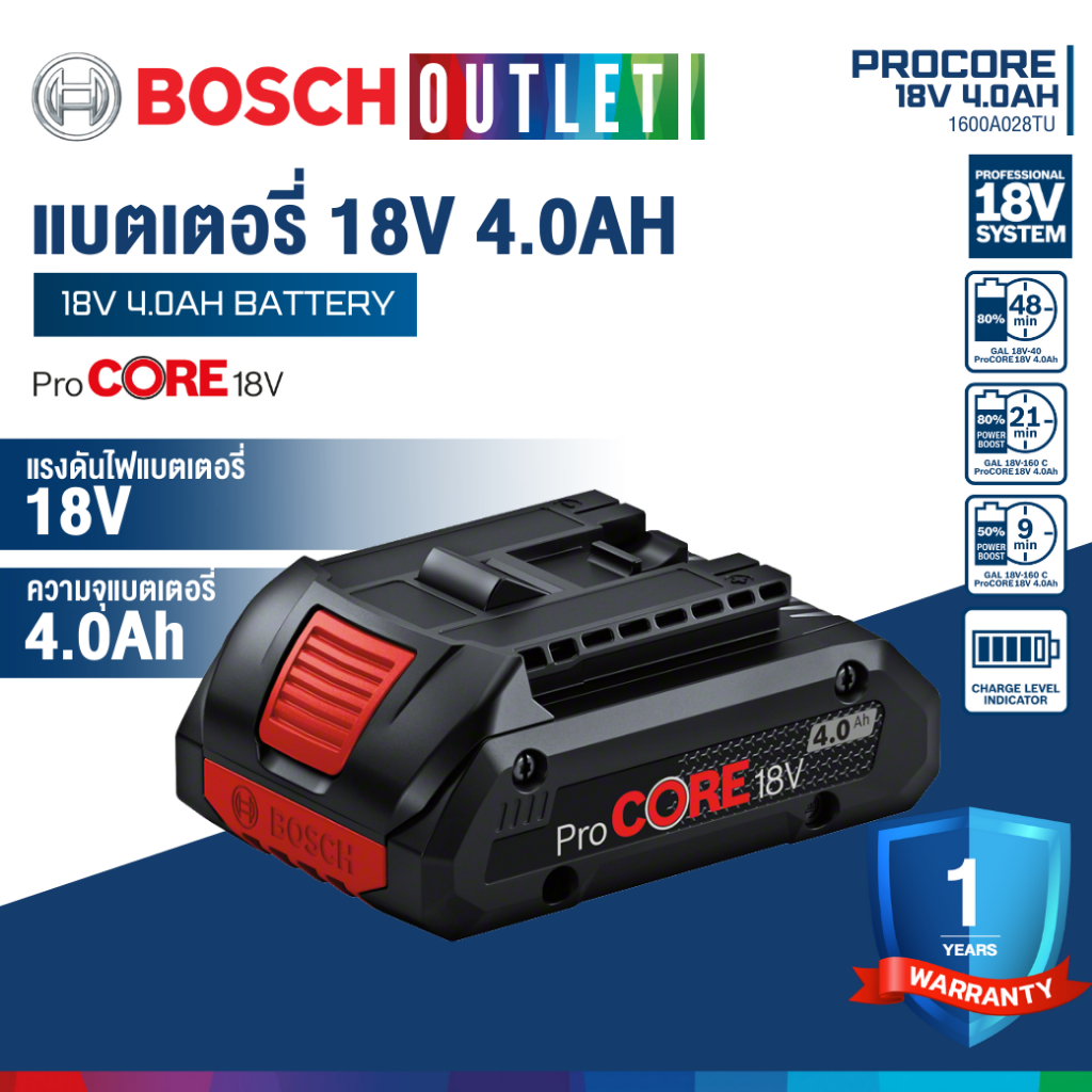 BOSCH PROCORE 18V 4.0 AH แบตเตอรี่ 18V 4.0Ah แบตเตอรี่ประสิทธิภาพสูงในซีรีส์ ProCORE18V #1607A350AN