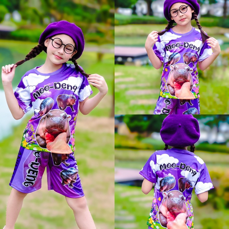 ชุดหมูเด้งเด็ก สีม่วงเสื้อ+กางเกงสุดฮิตดังมากใน Tiktok 1-12ขวบ