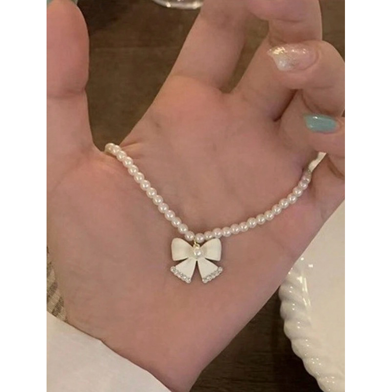 สร้อยคอมุกจี้โบว์ขาวประดับมุกและเพชร พร้อมส่ง