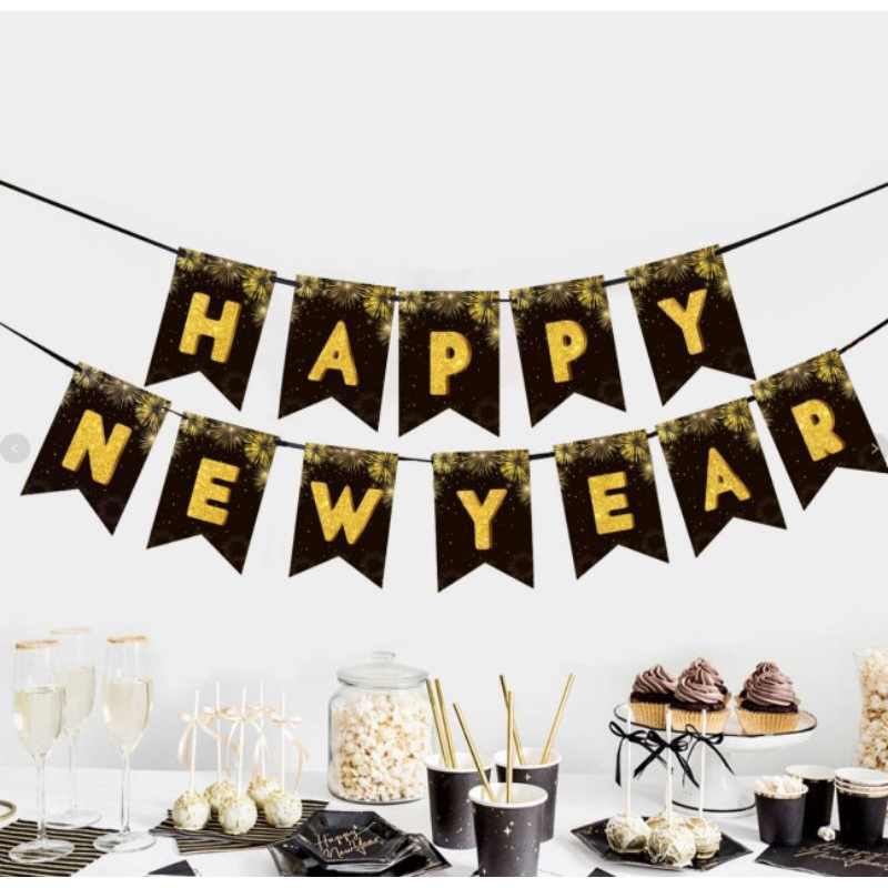 ธงHappy newyear สีดำทอง พร้อมส่ง