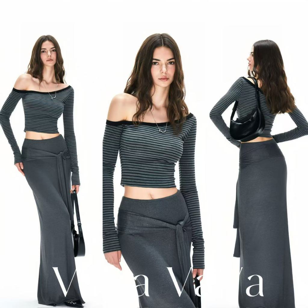 VaVa 💕มีสินค้า💕เสื้อยืดแขนยาวเปิดไหล่สไตล์เกาหลี ลายทางสีตัดกัน ดีไซน์ทันสมัย ​​น่ารัก และเข้ารูป