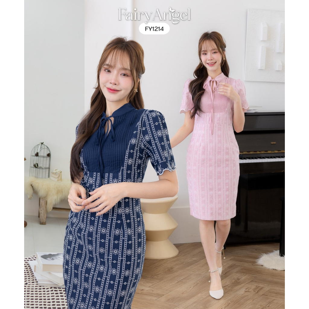 Fairyangelstore - เดรสผ้าฉลุคอจีนผูกโบว์ (FY1214)