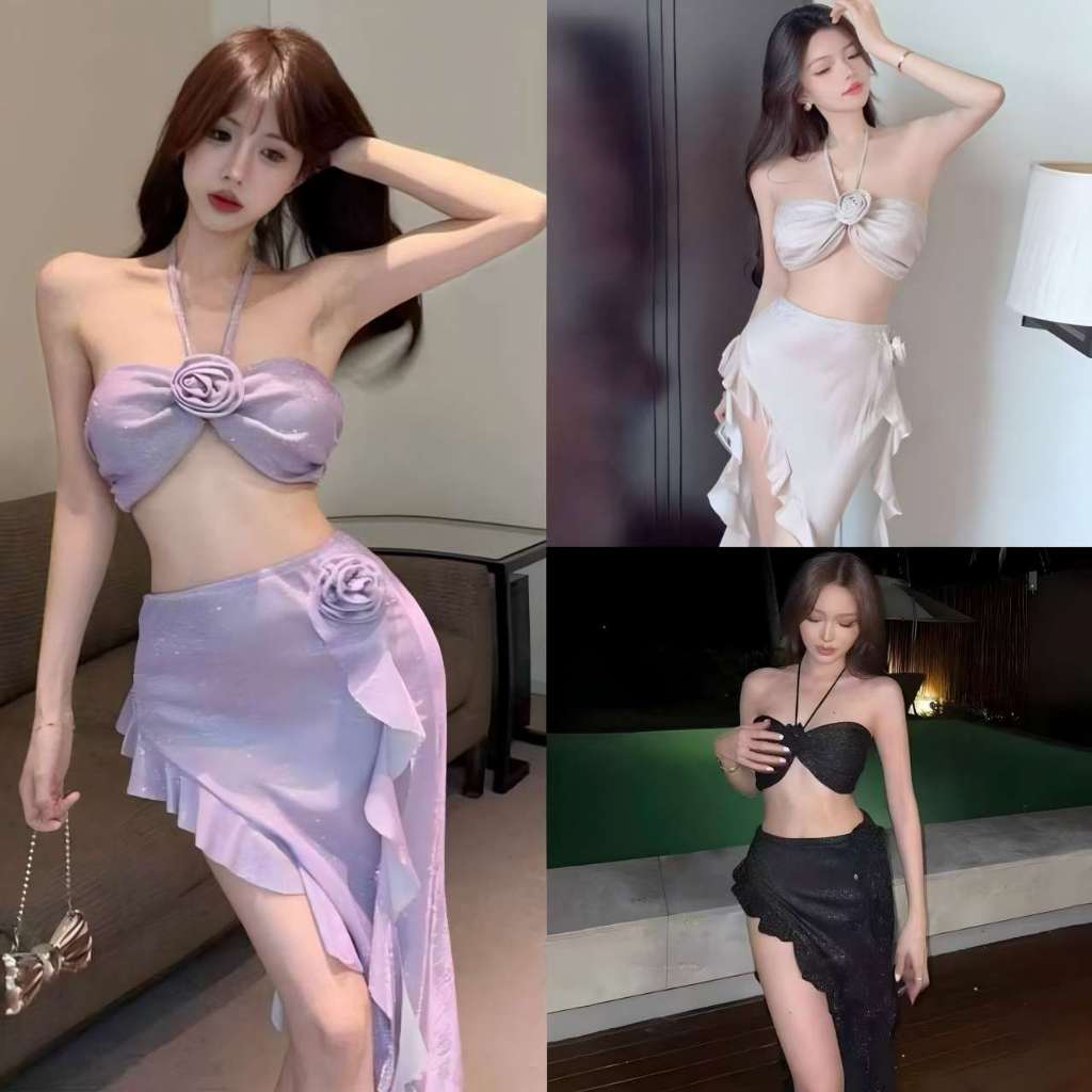 🌸Swift Bra🌸ชุดว่ายน้ำแฟชั่น ชุดว่ายน้ำกระโปรง ชุดว่ายน้ำ เซ็กซี่ 3ชิ้น เกาะอก ผูกคอ ผ้าดี