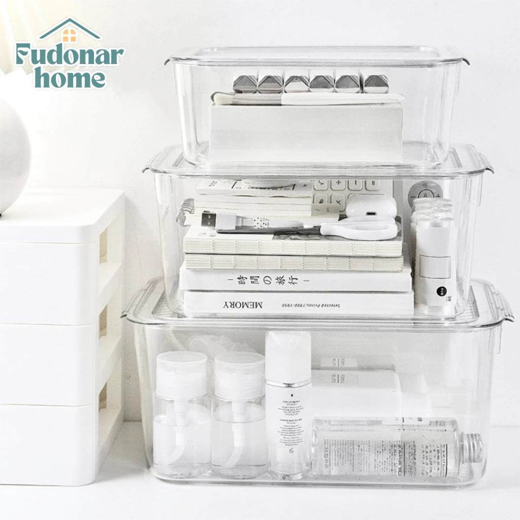Fudonar กล่องเก็บของอะคริลิค กล่องใสใส่ของ พร้อมฝา หลายขนาด วางซ้อนได้