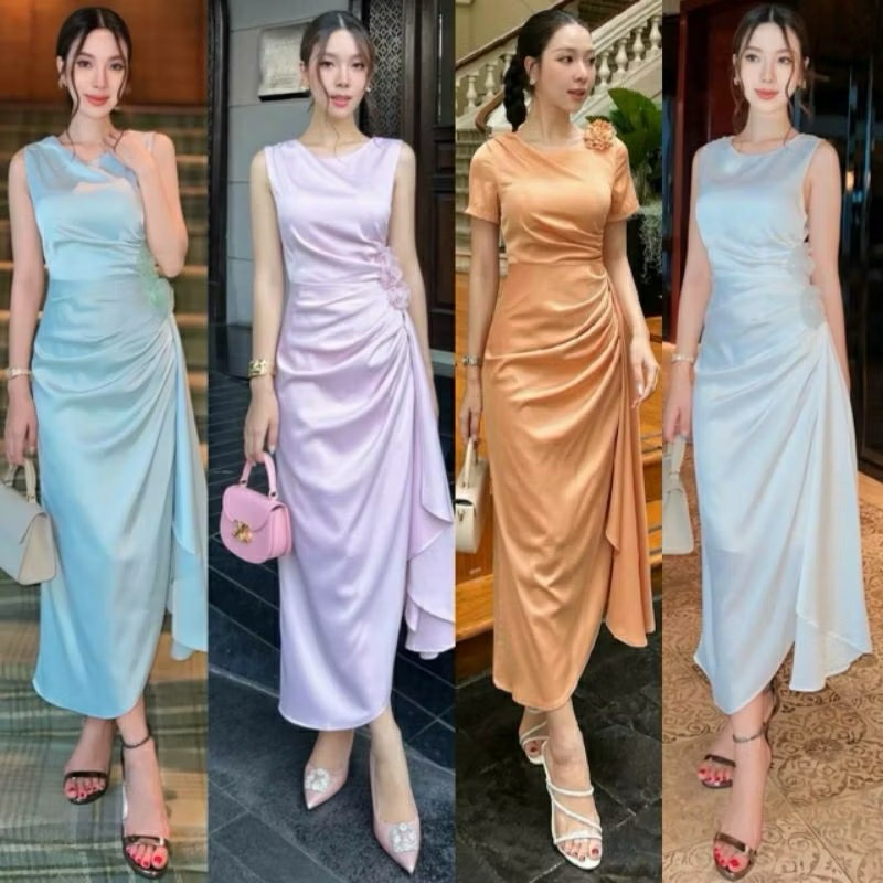 เดรสผ้าคอตตอนซาติน จีบช่วงเอวออกงาน ดินเนอร์ ปาร์ตี้สวยเรียบหรูดูดี ดูแพงมากงานป้ายทรงสวย