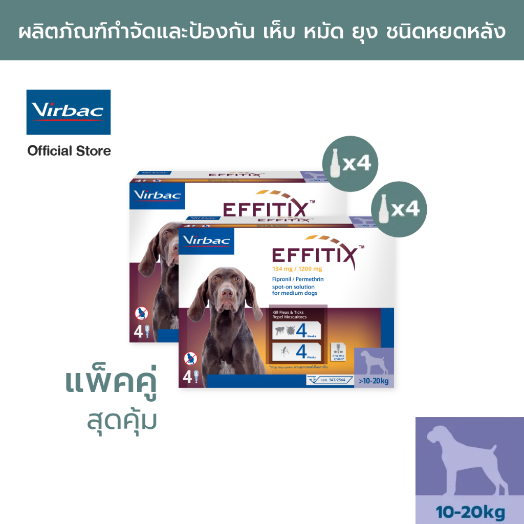 Virbac 2 X เอฟฟิติค EFFITIX® Spot-on M (>10-20 กก.) ผลิตภัณฑ์กำจัด เห็บ หมัดและไล่ยุง หยอดหลัง สุนัขขนาดกลาง