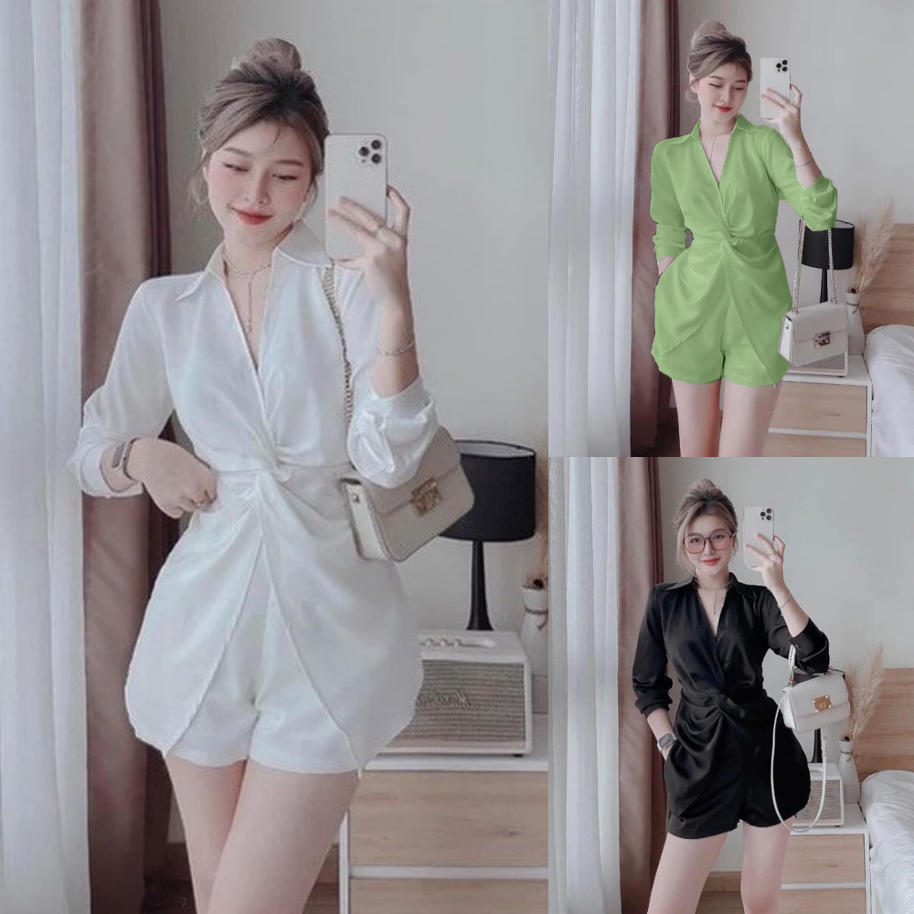 พร้อมส่ง ชุดเซตผ้าบาร์บี้ เสื้อเอวเกลียวแขนยาวกระดุมหน้า+กางเกง A2104
