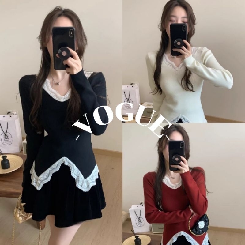 Vogue พร้อมส่ง เสื้อคอวี เสื้อลูกไม้ทรงสลิมฟิต (A656)