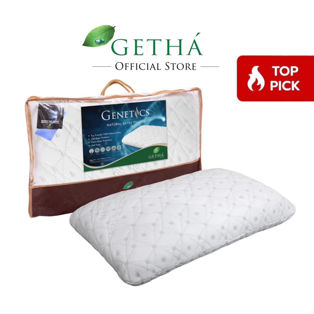 Getha หมอนยางพาราแท้รุ่น Genetics รุ่นที่ดีที่สุด หุ้มด้วยผ้าป้องกันไฟฟ้าสถิตย์ และผ้านาโนซิลเวอร์ สุขอนามัยสูงสุด