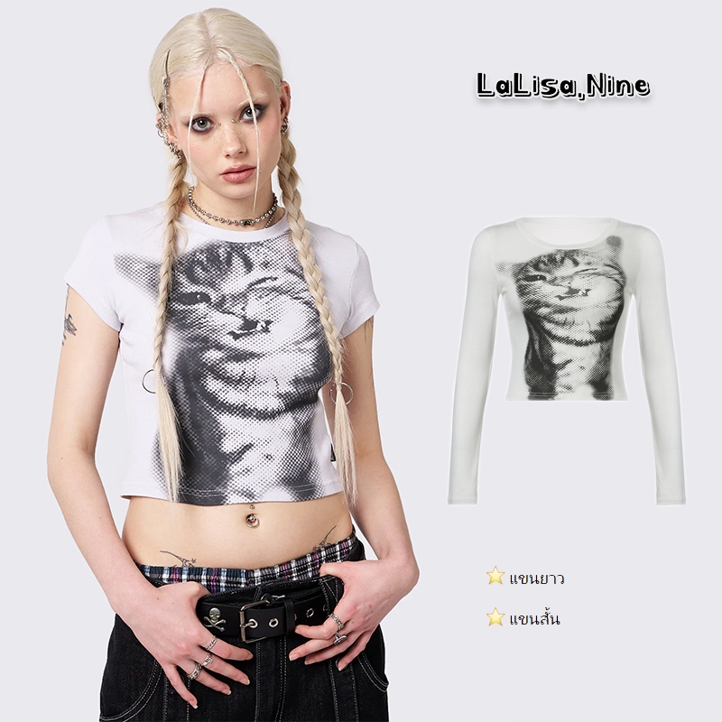 Lalisa✨🎀พร้อมส่ง🎀✨เสื้อยืดรัดรูปผู้หญิง🐱Y2Kเสื้อครอปท็อป แขนยาว แขนสั้น Croptop พิมพ์น้องแมว ผ้ายืดใส่สาย สวาอ้วนใส่ได้