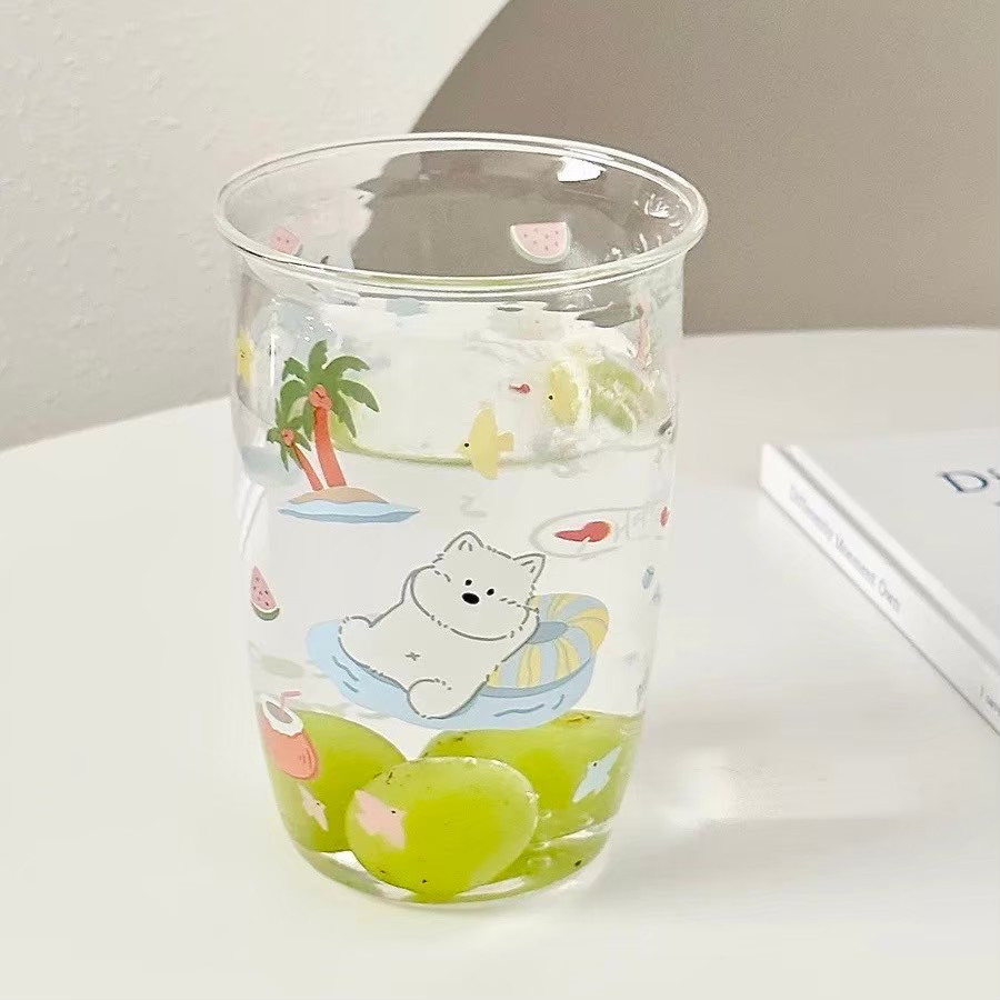 ส่งด่วน🏝️แก้วน้ำ ทรงสูง แก้วน้ำผลไม้ Summer Happy น้องหมาพักร้อนบนเกาะ juice glass น่ารัก 71031