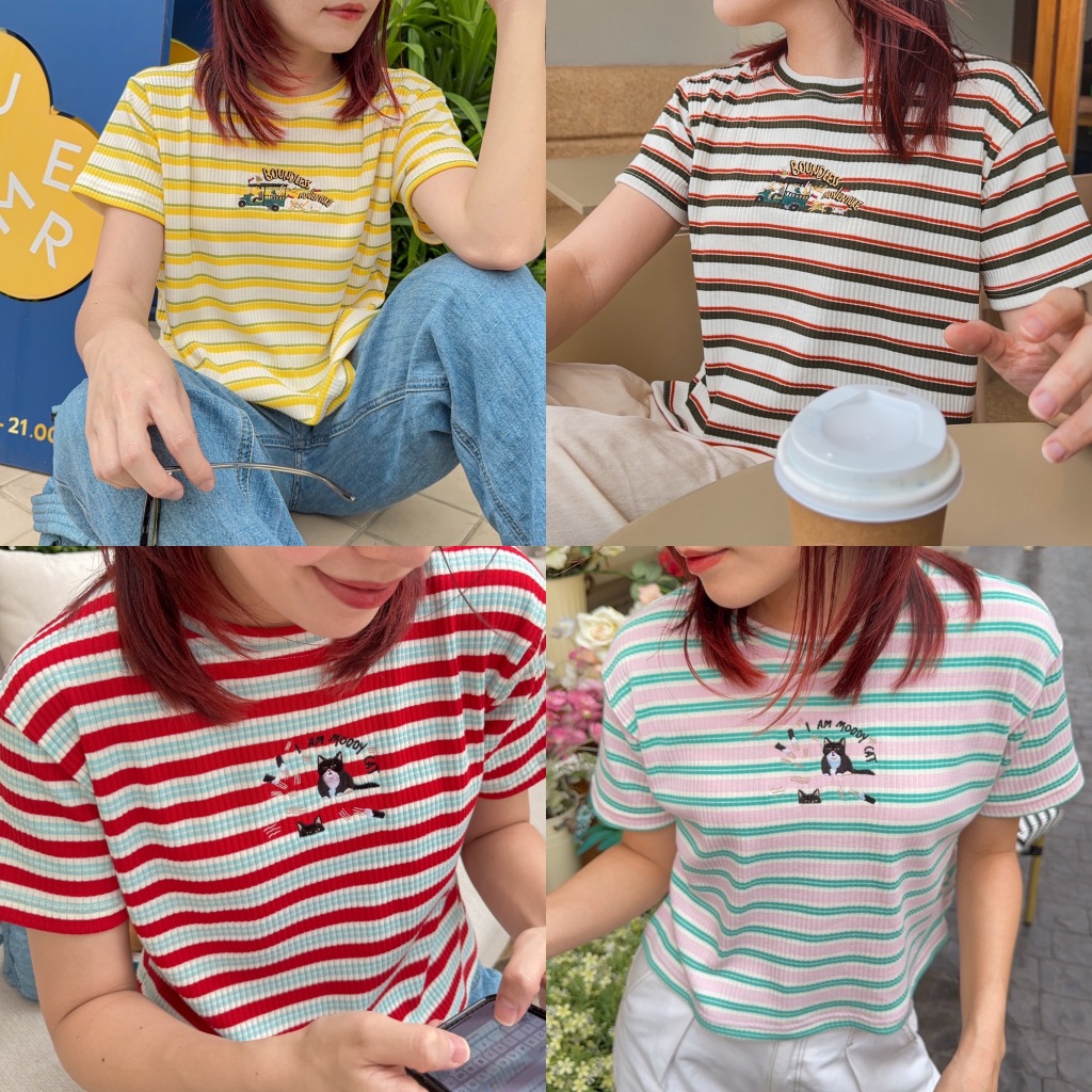 katji / พร้อมส่ง mini tee เสื้อยืดตัวครอปผ้าร่อง ลายริ้ว S/M