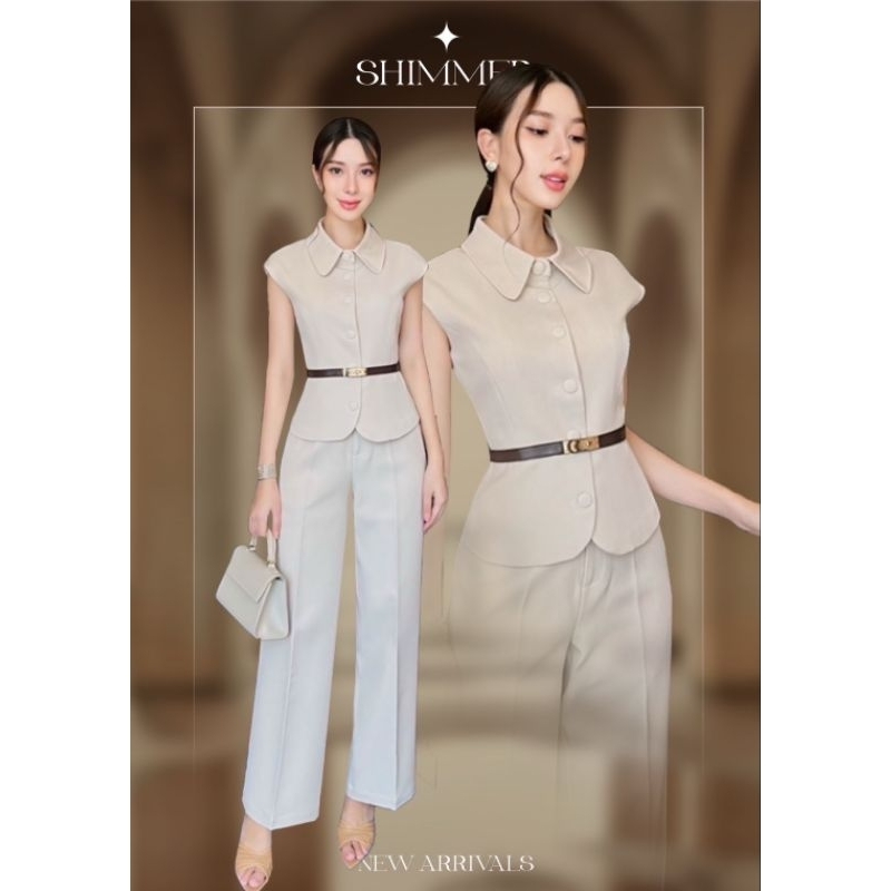 French Korea ชุดSetกางเกงใส่ทำงาน สีเบจ ดีไซน์หรู สุภาพ Shimmer ชุดSet เสื้อปกเชิ๊ตเข้ารูป+กางเกงทรงกระบอก+เข็มขัด