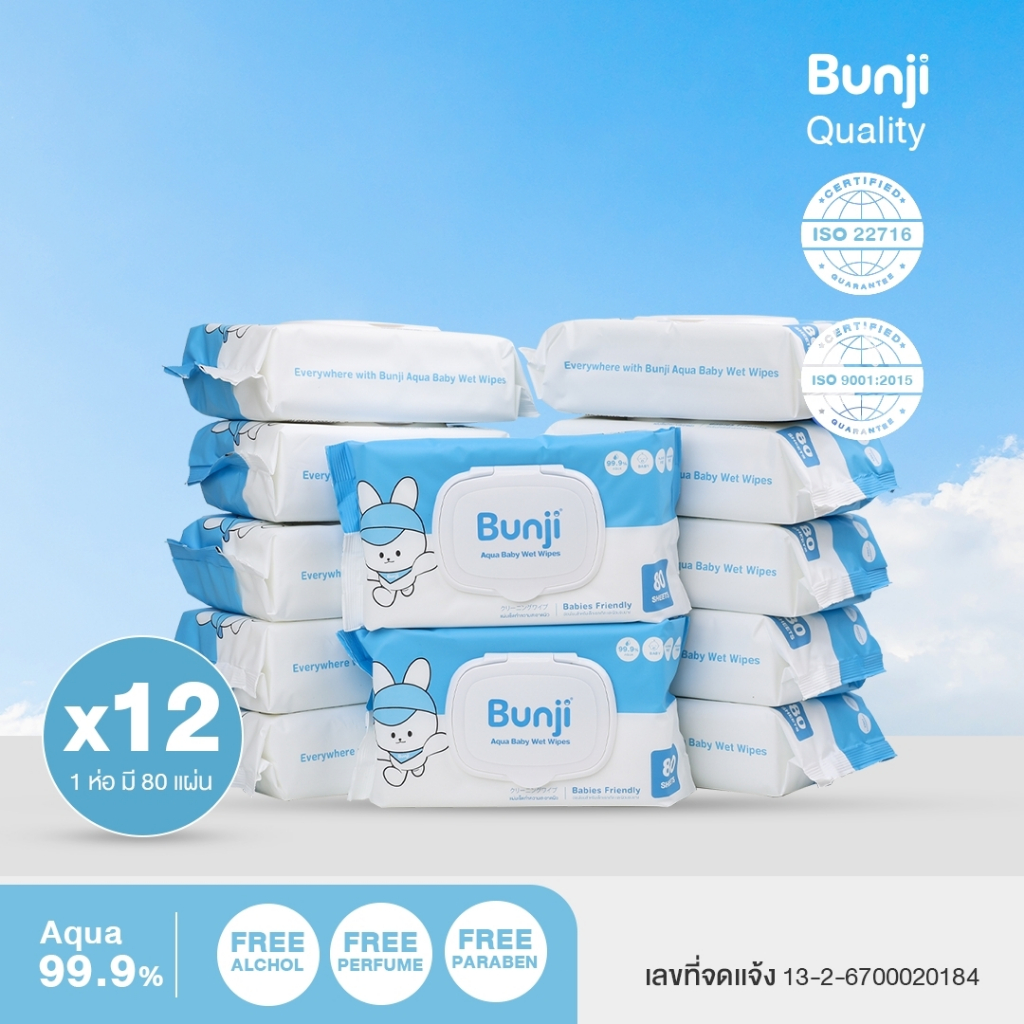 [แพค 12 ห่อ] Bunji Aqua Baby Wet Wipes บันจิ ทิชชู่เปียก สูตรน้ำแร่ 99.9%