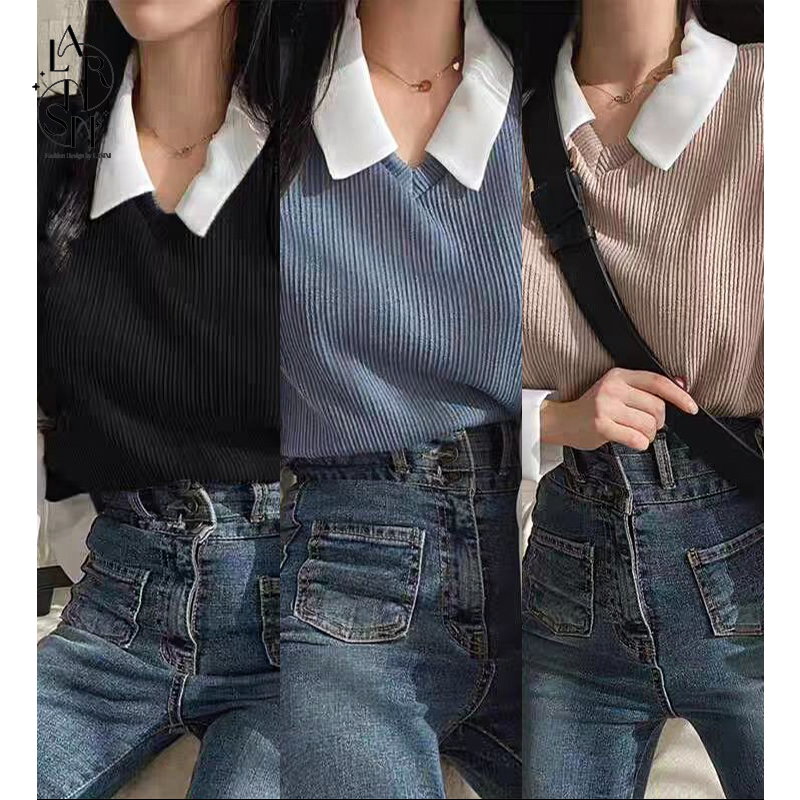 LASINI 3010 เสื้อเชิ้ตแขนยาวแบบเสื้อคลุม, แบบที่มีลวดลายที่มีเอกลักษณะแบบชนิดที่สีแตกแบบเกาหลี, สี สาม แบบ แสดง ความ เหม