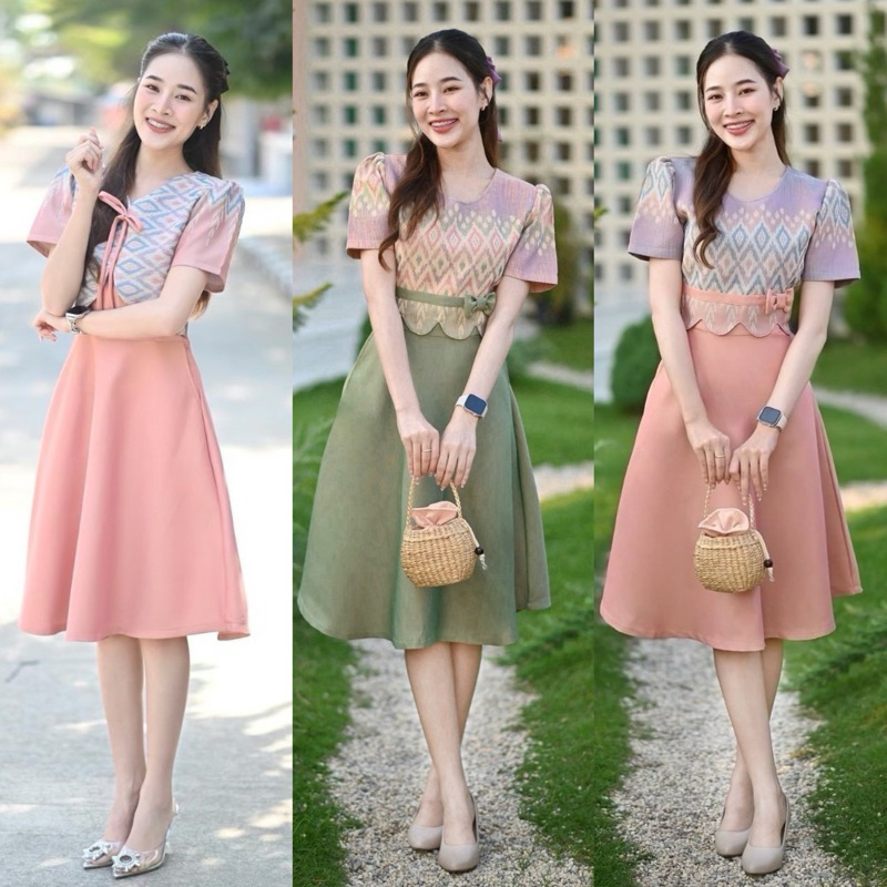 ชุดเดรส ชุดทำงาน ผ้าไทย ทอลายอัดกาวทั้งชุดCode:SP