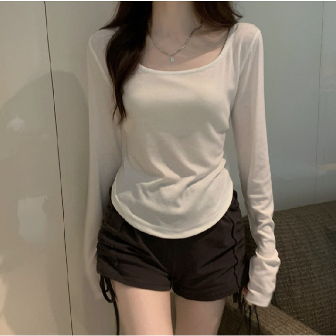MISSYO เสื้อยืดแขนยาวผู้หญิง เสื้อลำลองไม่สม่ำเสมอ ผ้านุ่ม สบาย มี 4 สีให้เลือก ราคา ถูกที่สุด ดีลบีเคเค แกลเลอรีภาพที่ 5