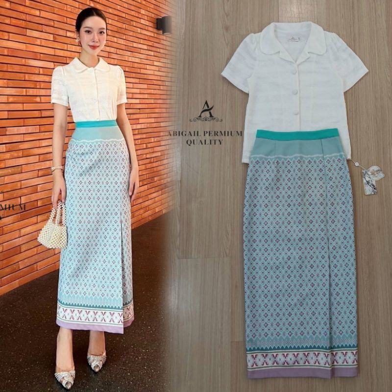 ชุดเซตผ้าไทยรับงานบุญ!!! S-XL Set2ชิ้น ชุดไปวัด,เสื้อลูกไม้สีขาวแขนสั้นคอปกกระดุมหน้า+ผ้าถุงสีเขียวลายไทย งานป้าย