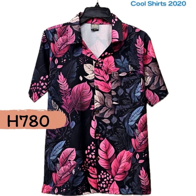 เสื้อฮาวาย ผ้าไหมอิตาลี พื้นดำ ใบไม้ชมพู H780