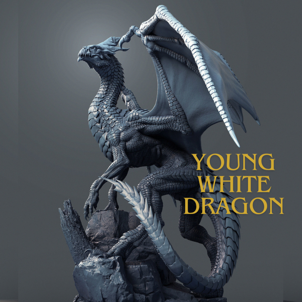 DND Dragon I Young White Dragon Base 2 inch สูง 7.5 cm. (งานเรซิ่นสีเทา)