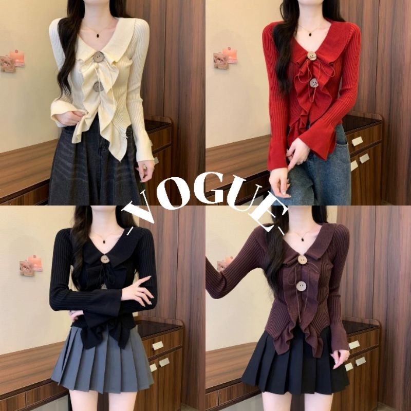 Vogue พร้อมส่ง เสื้อแขนยาวไหมพรม คอวี ดีเทลปลายปล่อย ผ้าทิ้งตัว (JH107-1)