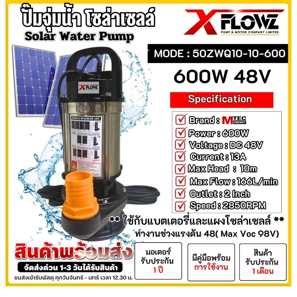 ปั๊มน้ำบัสเลสโซล่าเซลล์ รุ่น 50ZWQ10-10-600 DC48V/60V 600Wท่อส่งน้ำขนาด 2 นิ้วต่อใช้งานแผงโซล่าเซลล์