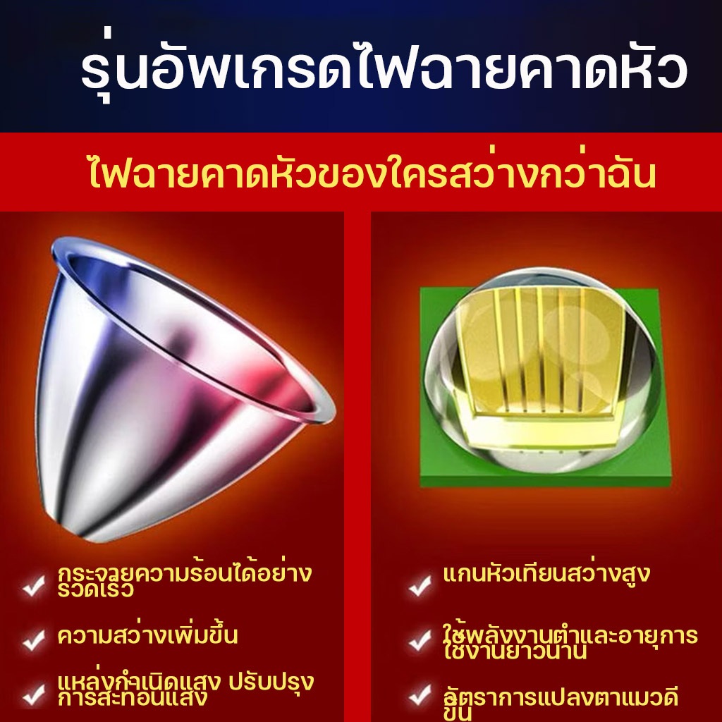 ไฟฉายแรงสูง LED หรี่แสงไฟ ชาร์จไฟได้ กันน้ำลุยฝนได้ ไฟฉายเดินป่า ไฟฉายคาดหัว 200W แบตลิเธียมไอออน หรี่แสงไฟได้ รูปที่ 8
