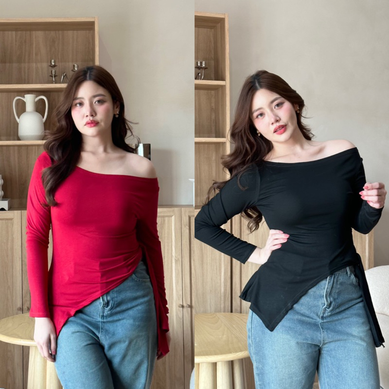 ลด 30% เก็บโค้ดหน้าแอพ BELLE Top เสื้อปาดไหล่แขนยาว ปลายแหลม ด้านข้างผูกโบว์ได้