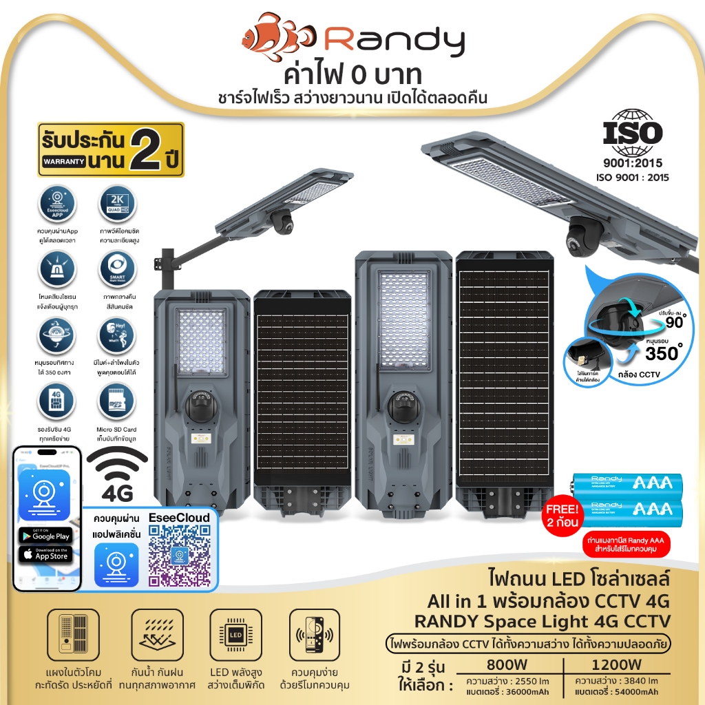 Randy LED Solar street light โคมไฟถนน 4G CCTV ประกัน2ปี ไฟ แอลอีดี โซล่าเซลล์ กันน้ำ สว่าง ไฟถนนโซล่าเซลล์ ควบคุมผ่านAPP