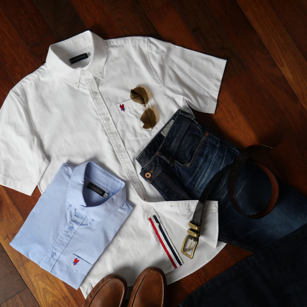 ELLE HOMME เสื้อเชิ้ตคอปก แขนสั้นผ้า ค๊อตตอนผสม  สาปเบิ้ล  ผ้าพื้น ทรงสมาร์ท มี 2 สี รุ่น- W8B680