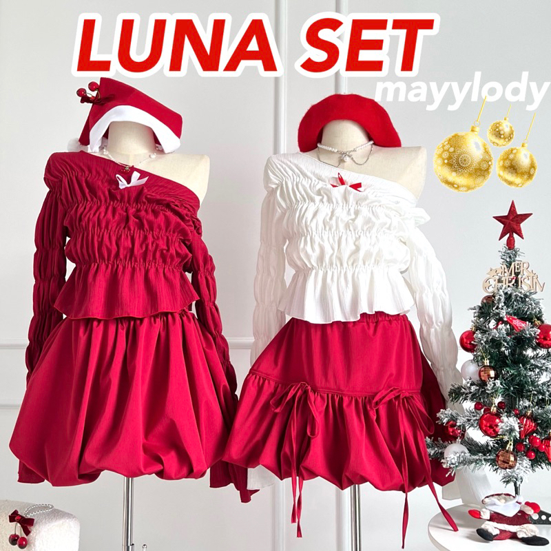 mayylody LUNA SET ชุดเซ็ต เสื้อครอปแขนยาว + กระโปรงบอลลูน สุดน่ารัก ชุดคริสมาส / ชุดสีแดง / เสื้อสีแดง น่ารัก