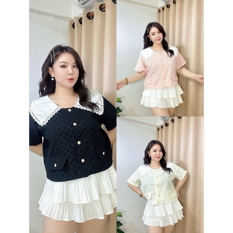 เสื้อคอปกแต่งลูกไม้ผ้าลักชู งานน่ารัก งานกระดุม แต่งกระเป๋า แขนปล่อย รอบอก 40-48 นิ้ว