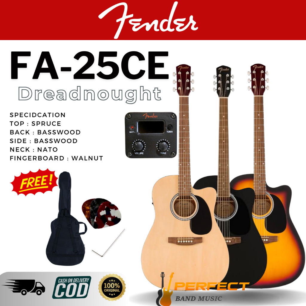 กีตาร์โปร่งไฟฟ้า Fender รุ่น FA25CE Dreadnought ของแท้ 100% กีตาร์โปร่งไฟฟ้า Fender FA-25CE Dreadnou